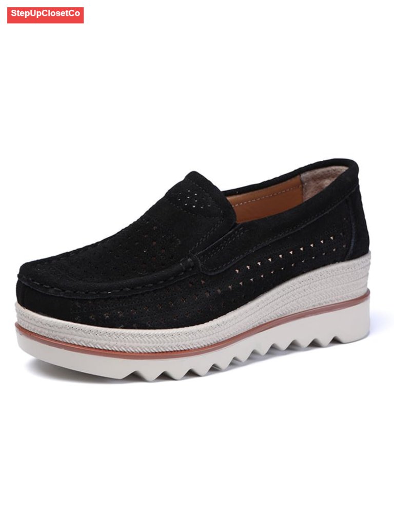 Breathable Leather Platform Loafers Wedge Sneakers Slip-On Casual Walking